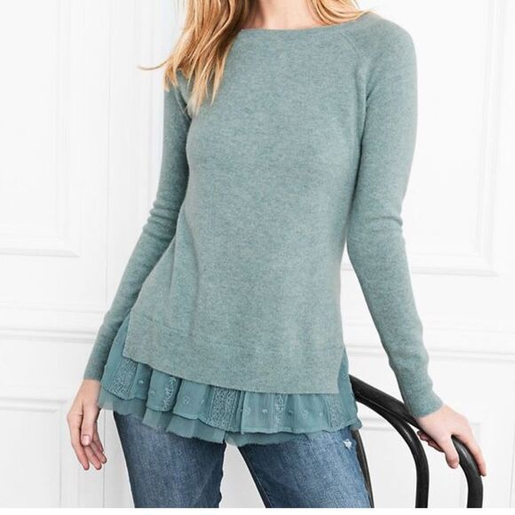 Garnet Hill Cashmere Silk Chiffon Lace Hem Shirttail Pullover Blue Sweater XS - Picture 1 of 6